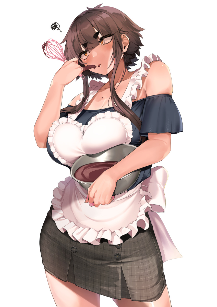 1girl absurdres apron bowl breasts brown_eyes chocolate collarbone commentary_request grey_skirt highres holding holding_bowl jovejun large_breasts looking_away medium_hair original plaid plaid_skirt simple_background skirt solo standing thick_eyebrows thighs tsubomioka_happa valentine white_apron white_background