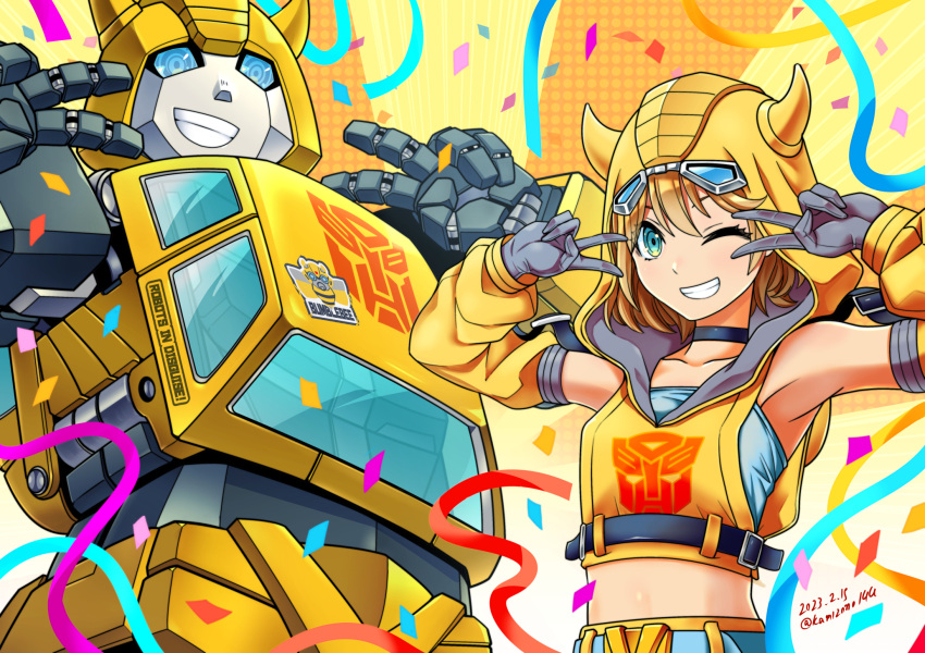 1girl autobot bangs belt blue_belt blue_eyes blue_tube_top brown_hair bumblebee_(kotobukiya_bishoujo)_(transformers) bumblebee_(transformers) collarbone commentary confetti cropped_hoodie dated detached_sleeves double_v gloves grey_gloves highres hood hood_up hoodie horned_hood horns kamizono_(spookyhouse) kotobukiya_bishoujo looking_at_viewer mecha midriff one_eye_closed robot short_hair sleeveless sleeveless_hoodie smile sticker strapless streamers symbol-only_commentary transformers transformers_(live_action) tube_top twitter_username v yellow_hoodie