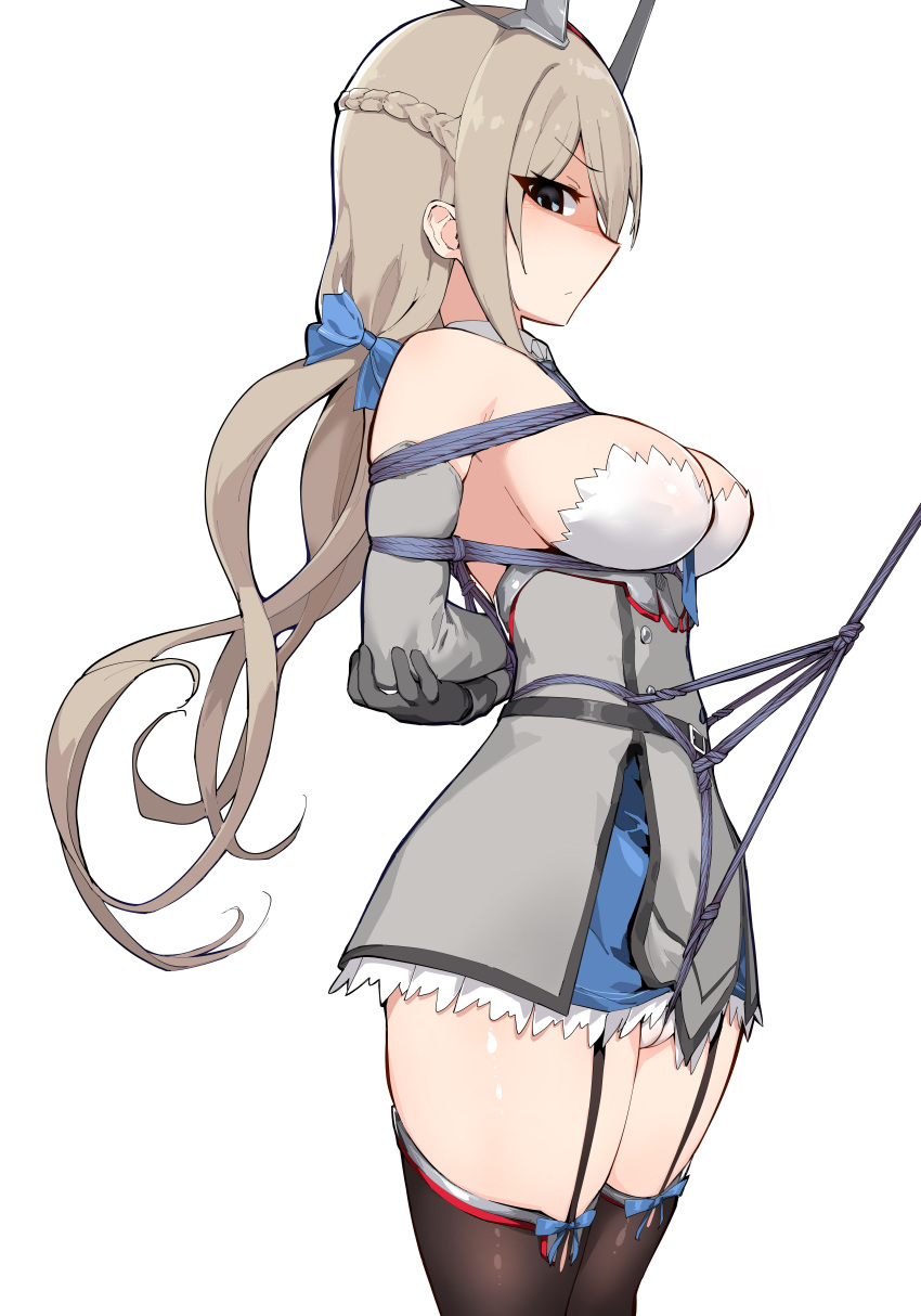 1girl absurdres arms_behind_back bdsm between_breasts black_gloves black_thighhighs blue_bow blue_eyes blue_necktie bondage bound bound_arms bow braid breast_bondage breasts cowboy_shot crotch_rope detached_sleeves dress from_side garter_straps gloves grey_dress hair_bow highres kantai_collection kinbakuman large_breasts light_brown_hair low_twintails maryland_(kancolle) necktie necktie_between_breasts panties pleated_dress radio_antenna rope shibari shibari_over_clothes side_braids solo standing strapless strapless_dress thighhighs twintails underwear white_panties