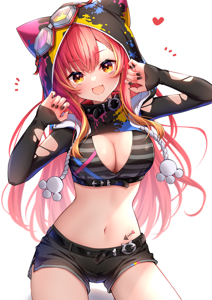 1girl animal_hood belt black_nails black_shirt black_shorts breasts cleavage cleavage_cutout clothing_cutout collar cowboy_shot crop_top drawstring fang goggles goggles_on_headwear hands_up highres hood large_breasts long_hair long_sleeves looking_at_viewer midriff multicolored_hair nail_polish navel nekota_tsuna open_mouth orange_eyes red_hair shirt short_shorts shorts simple_background smile solo stomach streaked_hair striped striped_shirt thighs toki_(toki_ship8) torn_clothes torn_sleeves virtual_youtuber vspo! white_background