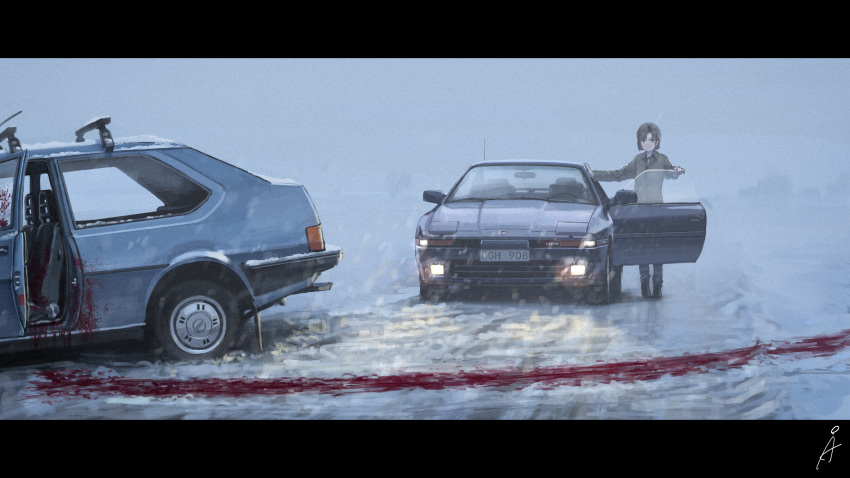 1girl blood blood_splatter blood_trail brown_hair brown_jacket car commentary_request ground_vehicle highres horror_(theme) jacket license_plate motor_vehicle original rudeko32 short_hair snow snowing solo standing toyota