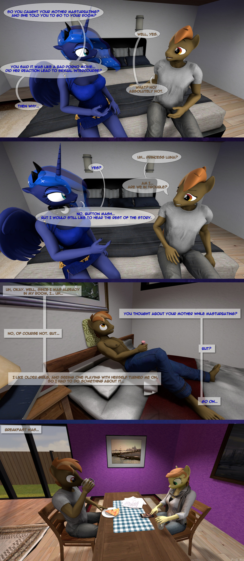 3d_(artwork) absurd_res anthro bed button_mash_(mlp) comic cream_heart_(mlp) dialogue digital_media_(artwork) duo equid equine fan_character female friendship_is_magic furniture genitals hasbro hi_res horn horse male male/female mammal masturbation mother mother_and_child mother_and_son my_little_pony parent parent_and_child penis pony princess_luna_(mlp) son spud-arts winged_unicorn wings