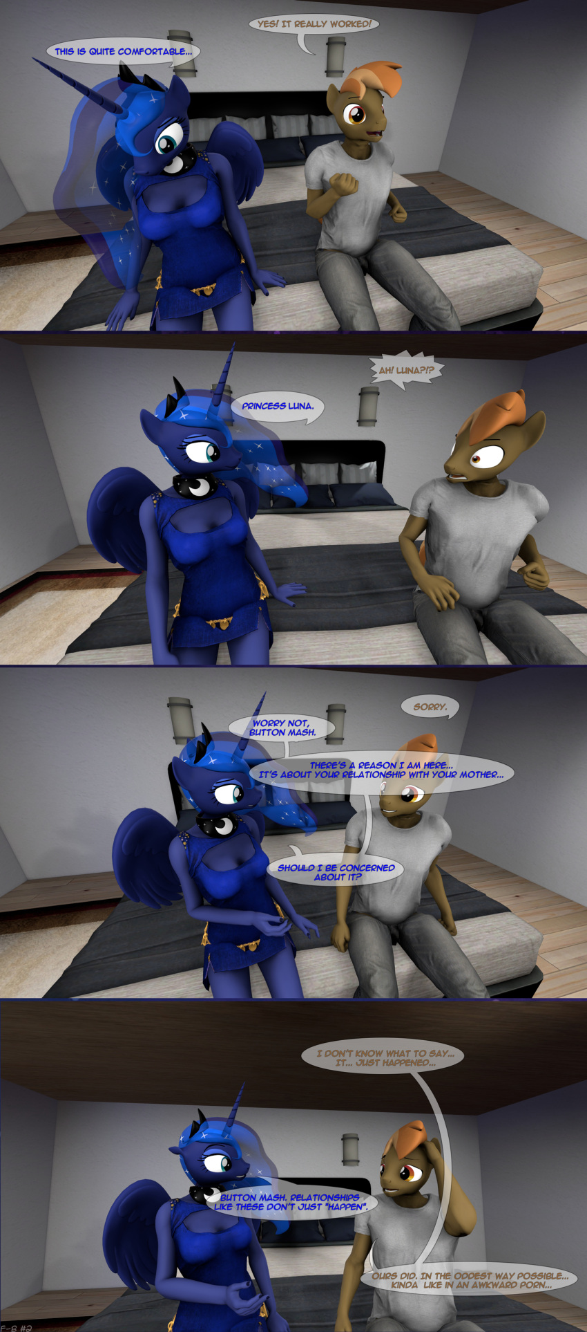 3d_(artwork) absurd_res anthro bed button_mash_(mlp) comic dialogue digital_media_(artwork) equid equine fan_character female friendship_is_magic furniture hasbro hi_res horn horse inside male mammal my_little_pony pony princess_luna_(mlp) spud-arts winged_unicorn wings