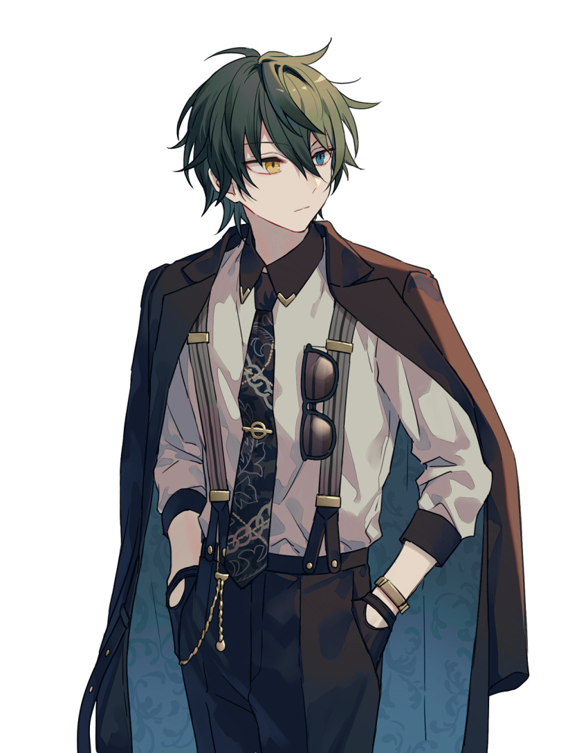 1boy black_coat black_gloves black_necktie black_pants blue_eyes closed_mouth coat coat_on_shoulders collared_shirt cowboy_shot dark_green_hair ensemble_stars! expressionless eyewear_hang eyewear_removed gloves grey_shirt hair_between_eyes hands_in_pockets heterochromia highres kagehira_mika kaminokefusa looking_to_the_side male_focus necktie pants print_necktie shirt short_hair simple_background sleeves_past_elbows solo sunglasses suspenders tie_clip watch white_background wristwatch yellow_eyes