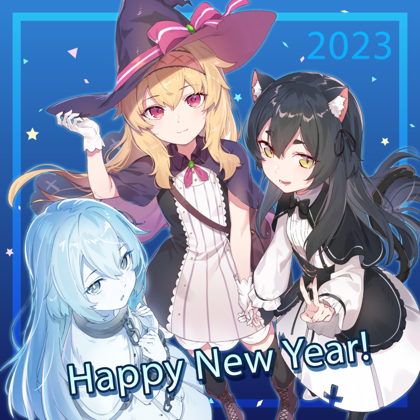 2023 3girls animal_ear_fluff animal_ears artist_request bag black_bow black_bowtie black_hair black_ribbon blonde_hair blue_eyes blue_hair blush boots bow bowtie capelet cat_ears cat_girl cat_tail chain colored_skin cuffs dress gloves gradient_background hair_between_eyes hair_ribbon hairband hands_up happy_new_year hat highres holding_hands humanization kuroneko_(little_witch_nobeta) little_witch_nobeta long_hair looking_at_viewer multiple_girls nobeta nonota_(little_witch_nobeta) open_mouth red_eyes ribbon shackles short_eyebrows shoulder_bag smile star_(symbol) striped striped_dress tail thighhighs two-tone_dress v vertical-striped_dress vertical_stripes white_dress white_gloves white_skin witch_hat yellow_eyes