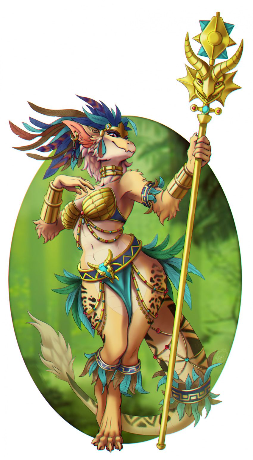 2023 absurd_res animal_print anthro aztec clothed clothing digital_media_(artwork) dragon feathered_dragon feathers female forest hair hi_res jaguar_print jewelry jungle ketzal looking_at_viewer plant ronff scales scalie simple_background smile solo staff tree yellow_body yellow_scales