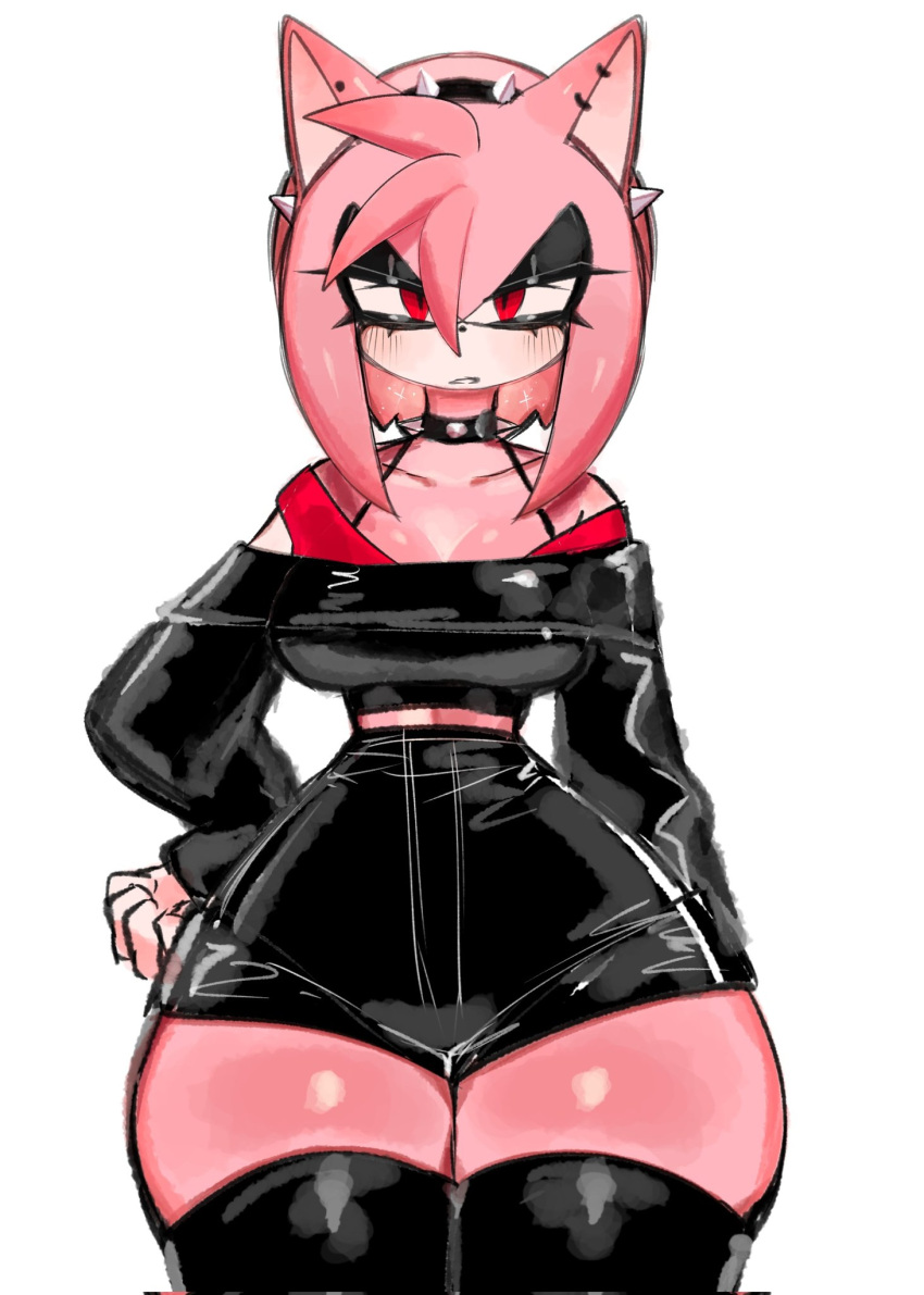 amy_rose anthro bottomwear bracelet breasts clothed clothing collar crop_top eulipotyphlan eyeshadow female gloves goth hair hand_on_hip handwear hedgehog hi_res jacket jewelry legwear makeup mammal red_eyes sega shirt shorts sleeves solo sonic_the_hedgehog_(series) spiked_collar spiked_hairband spikes thick_thighs thigh_highs topwear usa37107692 wide_hips