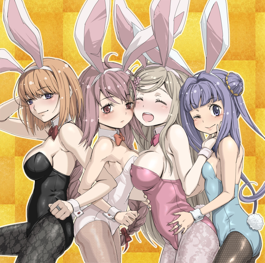 4girls animal_ears bangs blonde_hair blunt_bangs blush bow bowtie braid detached_collar fake_animal_ears fake_tail fishnet_pantyhose fishnet_thighhighs fishnets flower hair_bun hair_flower hair_ornament highres himuro_rabi kurusu_alexandra leotard long_hair magia_record:_mahou_shoujo_madoka_magica_gaiden mahou_shoujo_madoka_magica miura_asahi multiple_girls one_eye_closed open_mouth orange_hair pantyhose pink_hair playboy_bunny purple_eyes purple_hair rabbit_ears rabbit_tail short_hair sidelocks strapless strapless_leotard tail thighhighs twin_braids wrist_cuffs you2 yume_urara