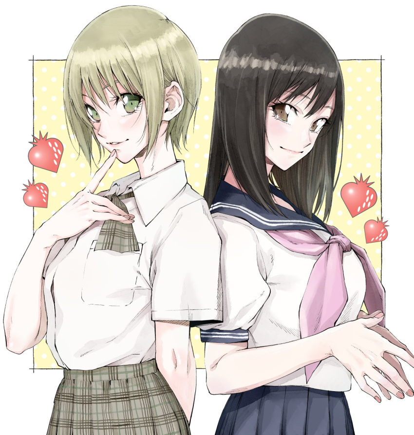 2girls back-to-back black_hair brown_eyes collared_shirt commentary_request finger_to_own_chin food fruit green_eyes green_hair highres ichigo_100_percent long_hair looking_at_viewer multiple_girls neckerchief nishino_tsukasa own_hands_together parted_lips pink_neckerchief plaid plaid_skirt pleated_skirt school school_uniform serafuku shirt short_hair skirt smile strawberry toujou_aya upper_body vice_(kuronekohadokoheiku) white_shirt