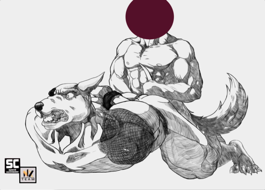 anal anon anthro black_and_white canid canine canis domestic_dog duo from_behind_position hi_res humanoid male male/male mammal monochrome muscular muscular_male nexus penetration sex surprise