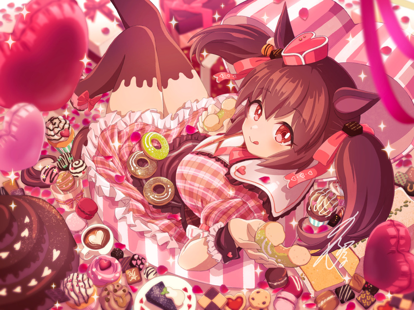 1girl alternate_costume animal_ears apron balloon blurry blush box breasts brown_hair brown_thighhighs cake cake_slice chocolate closed_mouth cookie cup cupcake depth_of_field doughnut dress food frilled_dress frills gift gift_box hat heart_balloon hishi_akebono_(umamusume) holding holding_food horse_ears horse_girl horse_tail large_breasts latte_art long_hair looking_at_viewer macaron mini_hat pink_dress pink_footwear plate puffy_short_sleeves puffy_sleeves red_eyes shoes short_sleeves signature sitting solo sparkle tail thighhighs tongue tongue_out twintails umamusume unajiru valentine waist_apron wrist_cuffs
