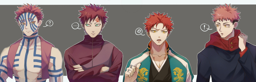 ! ... 4boys :o ? absurdres akaza_(kimetsu_no_yaiba) anger_vein bare_shoulders black_shirt body_writing closed_mouth color_connection colored_eyelashes crop_top crossed_arms crossover ear_piercing eyelashes facial_mark facial_tattoo frown full-body_tattoo furrowed_brow gaara_(naruto) green_eyes grey_background hair_color_connection hand_up harai_kuko highres hypnosis_mic itadori_yuuji jacket jewelry jujutsu_kaisen kimetsu_no_yaiba letterman_jacket looking_at_another looking_at_viewer looking_to_the_side male_focus multicolored_hair multiple_boys multiple_crossover multiple_rings naruto_(series) naruto_shippuuden niezi open_mouth outline pectorals piercing pink_hair pointing pointing_at_self red_hair red_shirt ring shirt short_hair side-by-side sideways_glance sleeveless spoken_anger_vein spoken_ellipsis spoken_exclamation_mark spoken_question_mark tattoo text_in_eyes thumbs_up two-tone_hair undercut white_outline yellow_eyes
