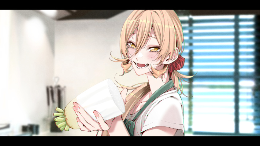 1girl apron blonde_hair blush commentary_request food hair_between_eyes hair_ornament hair_over_shoulder hair_scrunchie highres holding holding_food indoors kitchen letterboxed long_hair looking_at_viewer nijisanji nui_sociere open_mouth ponytail radish scrunchie shirt smile solo t-shirt teeth upper_body vice_(kuronekohadokoheiku) virtual_youtuber white_shirt