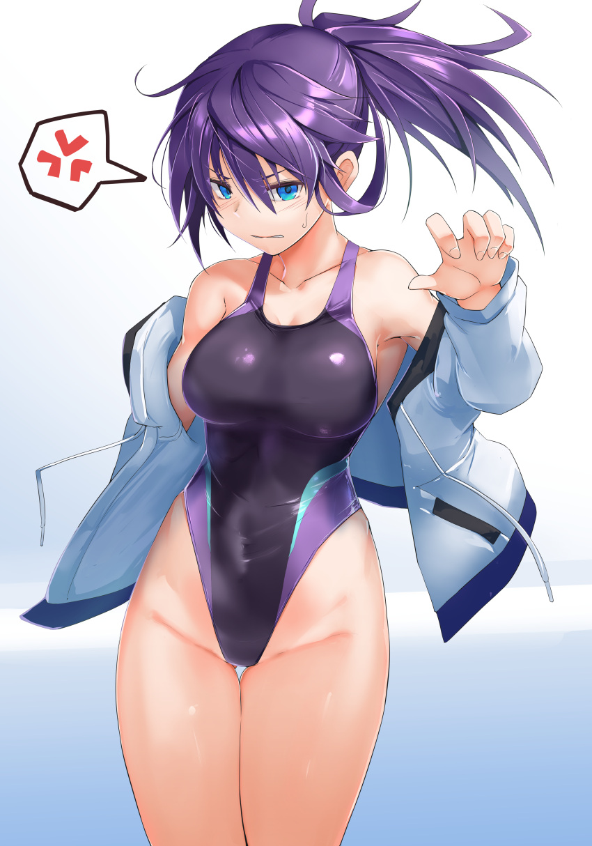 1girl absurdres anger_vein bangs black_one-piece_swimsuit blue_background blue_eyes breasts competition_swimsuit covered_navel cowboy_shot gradient_background groin hair_between_eyes highleg highleg_swimsuit highres imura_(shiro_maru) jacket large_breasts long_hair looking_at_viewer multicolored_clothes multicolored_swimsuit one-piece_swimsuit original ponytail purple_hair shiro_maru solo spoken_anger_vein sweatdrop swimsuit thighs white_background white_jacket