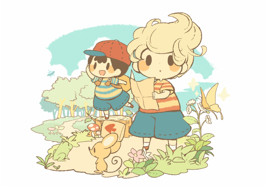 2boys :d :o arm_up arrow_(symbol) backpack bag baseball_cap black_hair blonde_hair blue_shirt blue_shorts blue_sky blush blush_stickers bug butterfly cloud commentary_request day exit_mouse_(mother) flower forest frog grass hat hitofutarai holding holding_map leg_up looking_at_viewer lucas_(mother_3) male_focus map mother_(game) mother_2 mother_3 mouse multicolored_clothes multiple_boys mushroom nature ness_(mother_2) open_mouth outdoors parted_lips path plant quiff red_headwear red_shirt shirt short_hair short_sleeves shorts sideways_hat simple_background sky smile socks solid_oval_eyes sparkle standing standing_on_one_leg striped striped_shirt t-shirt tree tree_stump two-tone_shirt ufo white_background white_socks yellow_shirt