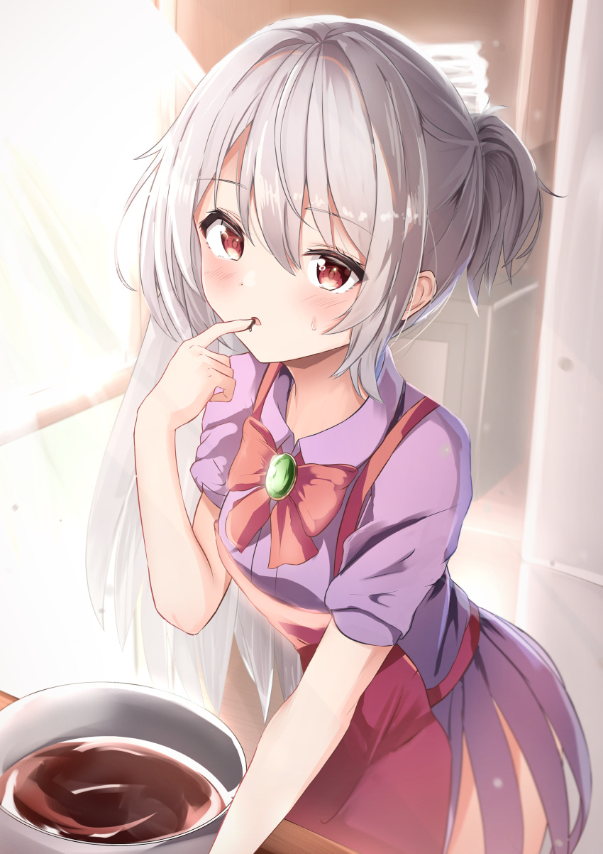 1girl absurdres apron bangs blush bow bowl bowtie brooch chocolate_making chocolate_on_hand commentary_request food_on_hand grey_hair hair_between_eyes half_updo highres jewelry kishin_sagume looking_at_viewer niko_kusa open_mouth red_apron red_bow red_bowtie red_eyes short_hair short_sleeves single_wing solo sweatdrop touhou wings