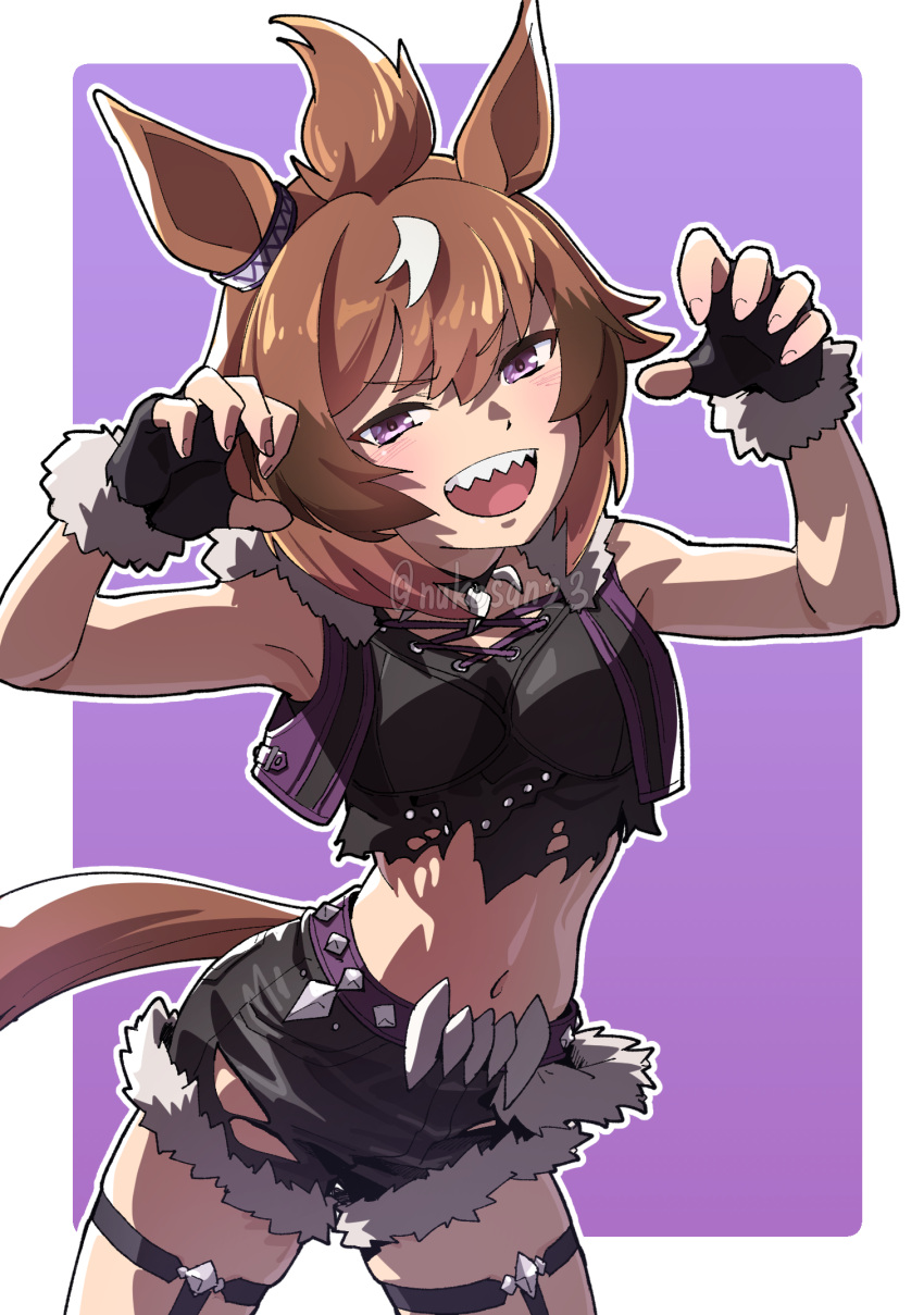 1girl animal_ears black_gloves black_shirt black_shorts breasts brown_hair claw_pose cowboy_shot cropped_jacket fur-trimmed_gloves fur-trimmed_shorts fur_trim gloves hands_up highres horse_ears horse_girl horse_tail jacket legwear_garter looking_at_viewer medium_hair midriff multicolored_hair navel nukosann open_clothes open_jacket open_mouth purple_eyes sharp_teeth shinko_windy_(umamusume) shirt short_shorts shorts sleeveless sleeveless_jacket sleeveless_shirt small_breasts smile solo streaked_hair tail teeth torn_clothes torn_shorts twitter_username umamusume upper_teeth_only v-shaped_eyebrows