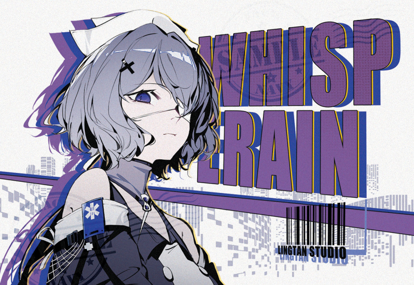 arknights bangs bare_shoulders black_dress character_name closed_mouth collared_dress dress eyepatch grey_background grey_hair hair_ornament hair_over_one_eye jacknavy purple_eyes sample_watermark short_hair sleeveless sleeveless_dress whisperain_(arknights) white_headwear