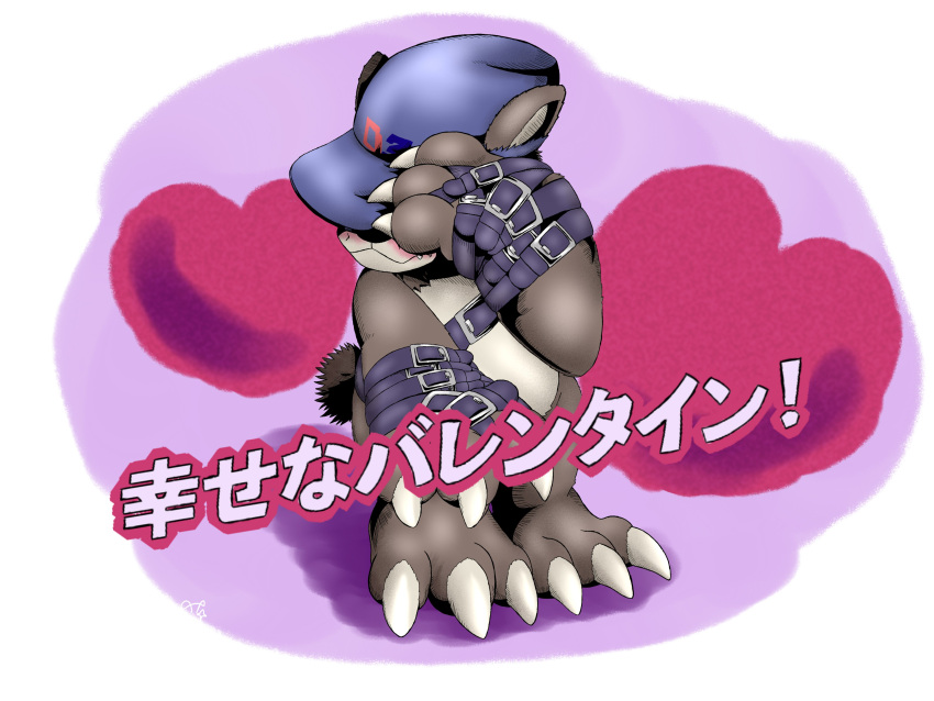 &lt;3 absurd_res anthro bandai_namco bear bearmon blush brown_body brown_fur claws clothing covering covering_face digimon digimon_(species) embarrassed fur hat headgear headwear hi_res holidays japanese_text leather male mammal solo straps text tp46750514 valentine's_day