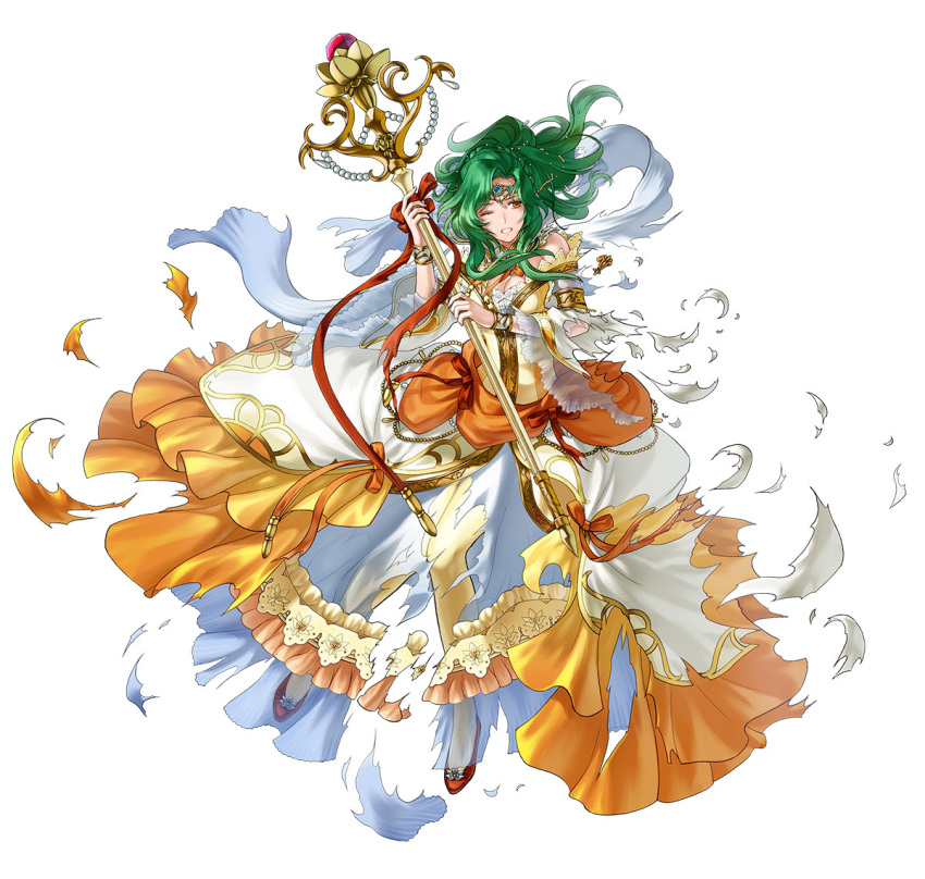 1girl breasts clenched_teeth damaged dress elincia_ridell_crimea fire_emblem fire_emblem:_radiant_dawn fire_emblem_heroes frilled_dress frilled_sleeves frills green_eyes green_hair hair_bun high_heels holding holding_staff juliet_sleeves long_sleeves medium_breasts official_art puffy_sleeves red_footwear solo staff teeth torn_clothes torn_dress white_background yellow_dress