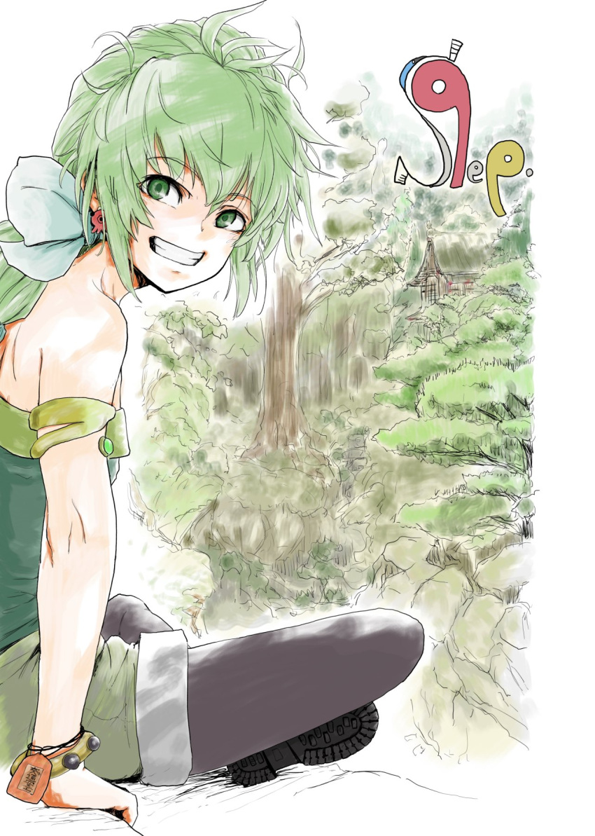 1girl bare_shoulders boots fuluyano green_eyes green_hair hair_ribbon highres jewelry legwear_under_shorts long_hair looking_at_viewer pantyhose ponytail ribbon saga saga_frontier_2 shorts smile solo very_long_hair virginia_knights