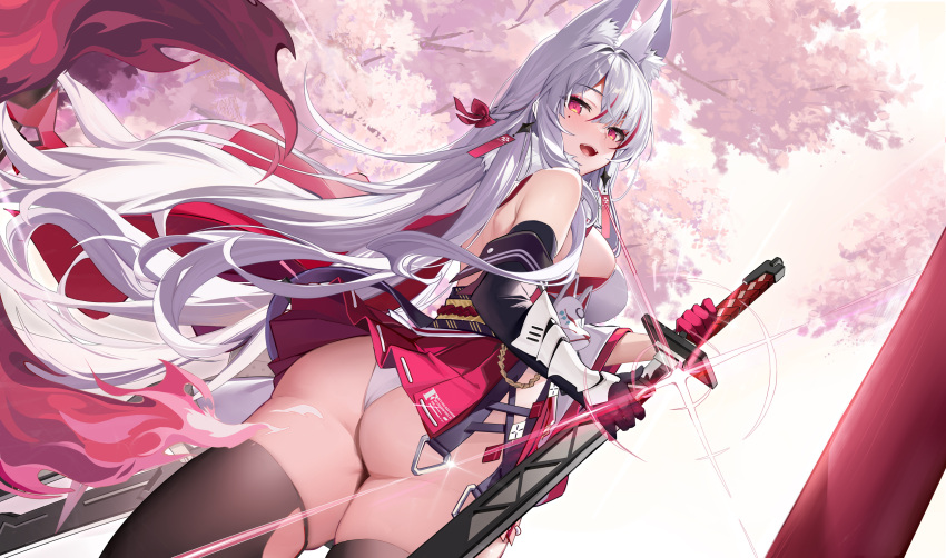 1girl absurdres animal_ear_fluff animal_ears ass bangs bare_shoulders black_gloves black_thighhighs blush character_request echocalypse elbow_gloves fox_ears from_behind gloves highres kikimi long_hair looking_at_viewer looking_back mole mole_under_eye multicolored_hair open_mouth red_eyes red_hair smile solo streaked_hair thighhighs thighs tree weapon white_hair