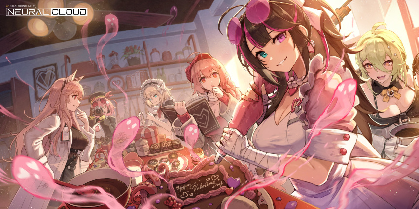 6+girls absurdres ahoge angela_(crisp_nursery_rhyme)_(girls'_frontline_nc) angela_(girls'_frontline_nc) animal_ears apron bandaged_arm bandages blue_eyes book bowl breasts cake camera centaureissi_(girls'_frontline_nc) chocolate cleavage commentary copyright_name cupcake de_lacey_(girls'_frontline_nc) de_lacey_(pollen_pulse)_(girls'_frontline_nc) eyewear_on_head food frilled_apron frills g36_(girls'_frontline) girls'_frontline girls'_frontline_neural_cloud hair_ornament hairclip hat heterochromia highres holding holding_book holding_camera indoors kitchen kuroi_susumu labcoat large_breasts looking_at_viewer maid_headdress multiple_girls nail_polish official_alternate_costume official_art open_book open_mouth pastry_bag persicaria_(girls'_frontline_nc) pink_eyes smile spatula sweat symbol-shaped_pupils taking_picture tinted_eyewear valentine vee_(addictive_affections)_(girls'_frontline_nc) vee_(girls'_frontline_nc) white_apron willow_(girls'_frontline_nc)