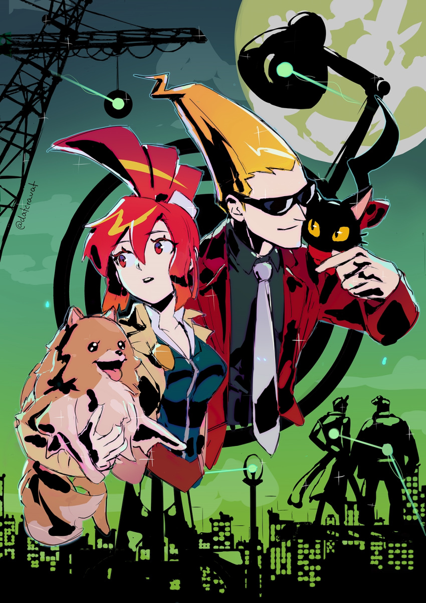 1girl 3boys animal animal_on_shoulder black_shirt blonde_hair cat cat_(ghost_trick) collared_shirt datcravat dog formal full_moon ghost_trick highres holding holding_animal jacket johdo kabanera looking_to_the_side lynne missile_(ghost_trick) moon multiple_boys necktie open_mouth pointy_hair pomeranian_(dog) ponytail ray_(ghost_trick) red_eyes red_hair red_jacket red_scarf scarf shirt silhouette sissel sky smile suit sunglasses white_necktie yellow_jacket