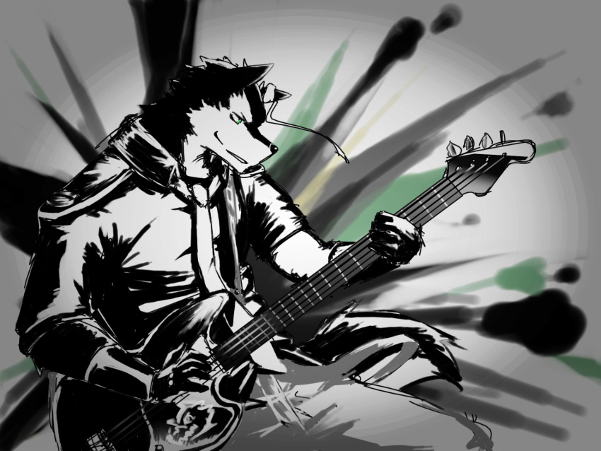 alternate_version_at_source anthro aro_rouon bass_guitar bottomwear canid canine canis clothed clothing dress_shirt green_eyes greyscale guitar hi_res holding_musical_instrument holding_object male mammal monochrome musical_instrument necktie pants playing_guitar playing_music plucked_string_instrument shi_ha_chi shirt short_sleeves solo string_instrument topwear utau wolf