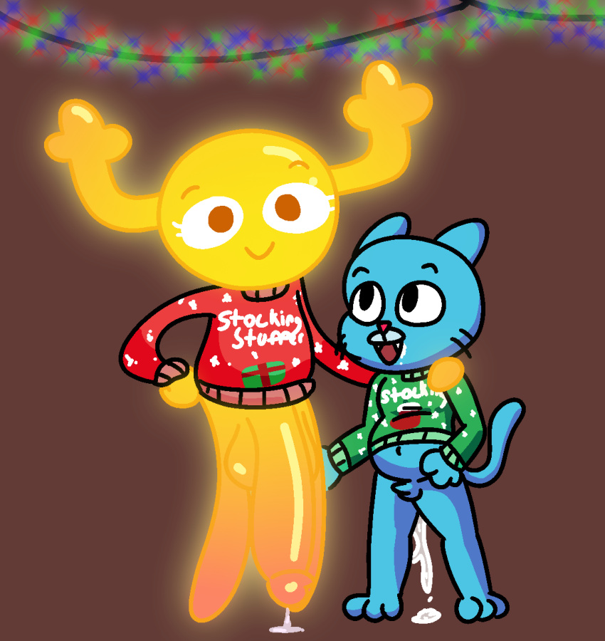 after_sex aged_down anthro balls big_balls big_penis blue_body blue_fur bodily_fluids bottomless brown_background cartoon_network christmas clothed clothing crossgender cum cum_drip cum_in_ass cum_in_mouth cum_inflation cum_inside cum_on_ground cum_on_lips domestic_cat dripping duo dwonksa eyelashes fangs feet felid feline felis fingers flat_chested front_view ftg_crossgender fti_crossgender fur genital_fluids genitals glowing gumball_watterson gynomorph gynomorph/male hand_on_hip hand_on_shoulder hi_res holidays horn huge_balls huge_penis humanoid hyper hyper_balls hyper_genitalia hyper_penis inflation intersex intersex/male long_penis looking_at_another looking_at_viewer looking_up male mammal micropenis navel open_mouth open_smile orange_eyes partially_clothed penis penny_fitzgerald pink_nose shaded sharp_teeth simple_background small_balls small_penis smile standing sweater teeth the_amazing_world_of_gumball topwear topwear_only wings young