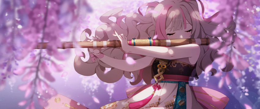 1girl bad_end bangs blunt_bangs blurry blurry_foreground blush bow cherry_blossoms closed_eyes dress eversoul falling_petals flute game_cg grey_hair highres holding holding_instrument instrument jiho_(eversoul) korean_clothes long_hair multicolored_hair music nail_polish non-web_source official_art petals pink_hair playing_flute playing_instrument ribbon see-through sidelocks skirt sleeveless solo streaked_hair tassel twintails