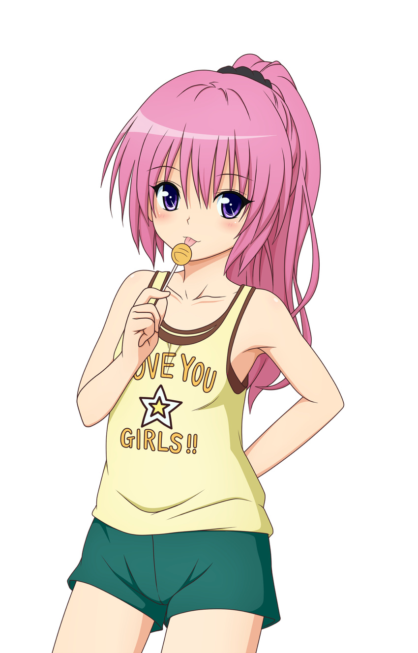 :p alternate_hairstyle arm_behind_back bangs bare_shoulders blush candy clothes_writing collarbone colorized cowboy_shot english flat_chest food hair_between_eyes hair_ornament hair_scrunchie high_ponytail highres holding licking lollipop long_hair looking_at_viewer nana_asta_deviluke official_art pink_hair ponytail purple_eyes scrunchie shige_(moe-ren.net) shorts solo star star_print to_love-ru to_love-ru_darkness tongue tongue_out transparent_background yabuki_kentarou