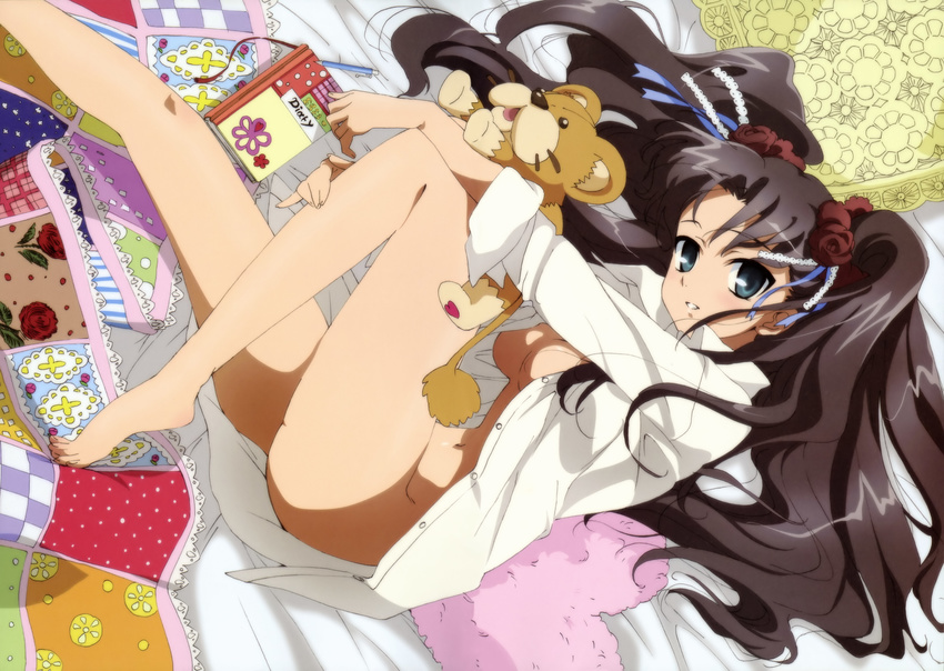 absurdres bed bottomless fate/stay_night fate_(series) highres legs long_legs lying no_bra non-web_source official_art open_clothes open_shirt sadakata_kikuko shirt solo stuffed_animal stuffed_toy tiger toosaka_rin two_side_up