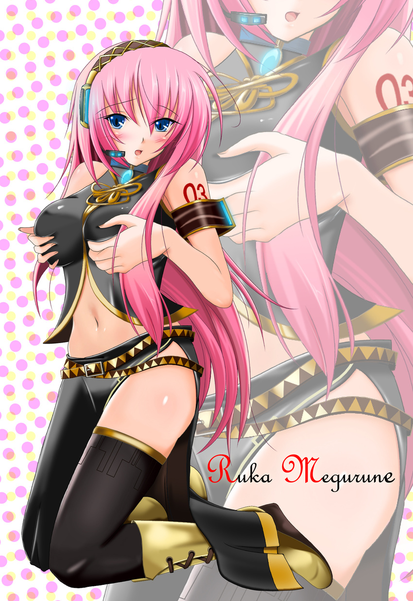 :o armband armlet artist_request bare_shoulders belt black_legwear black_thighhighs blue_eyes blush boots breast_grab breast_squeeze breasts character_name cross-laced_footwear dots embarrassed engrish fair_skin female full_character_shape gem hair_ornament headphones headset high_heels highres jewelry kneeling large_breasts long_hair looking_at_viewer loose_hair megurine_luka midriff misspelling navel open_mouth pink_hair ranguage sapphire_(stone) shiny shiny_skin shoes sirius sleeveless sleeveless_turtleneck solo straight_hair tattoo thighhighs turtleneck typo very_long_hair vocaloid wedge_heels white_skin zoom_layer