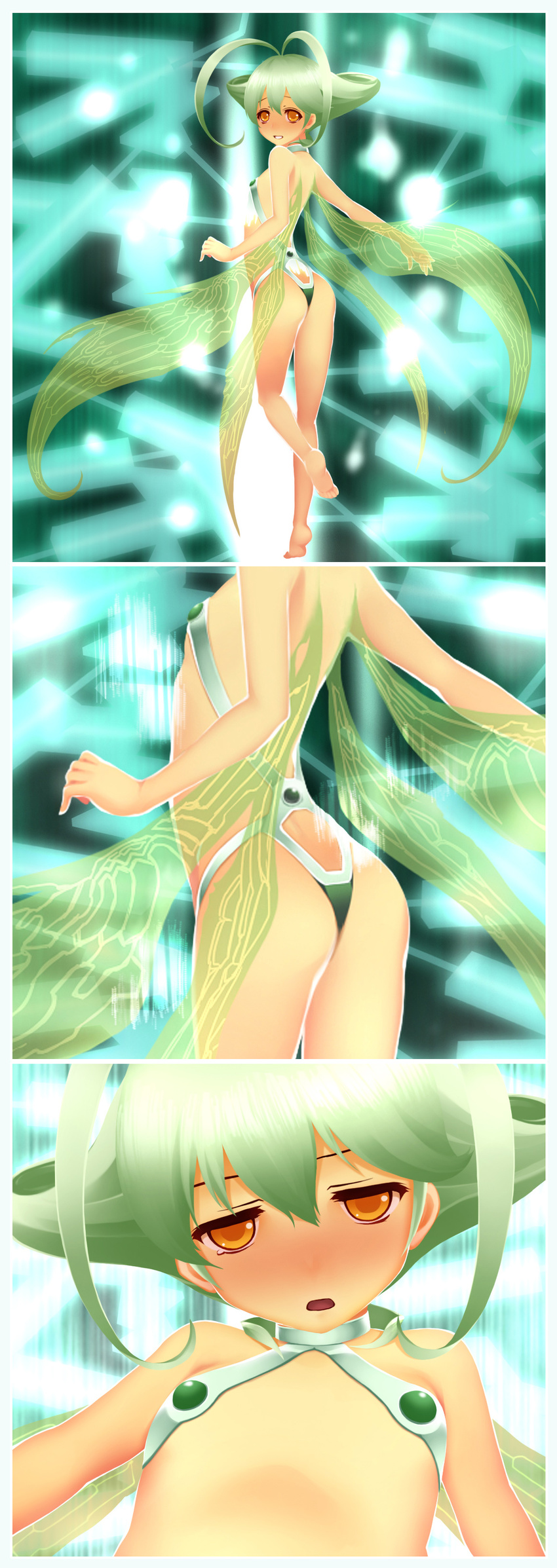absurdres ahoge antenna_hair ar_tonelico ar_tonelico_ii ar_tonelico_iii ass barefoot blush fairy_wings flat_chest frelia green_hair highres open_mouth parody solo tears utsugi_(skydream) wings yellow_eyes