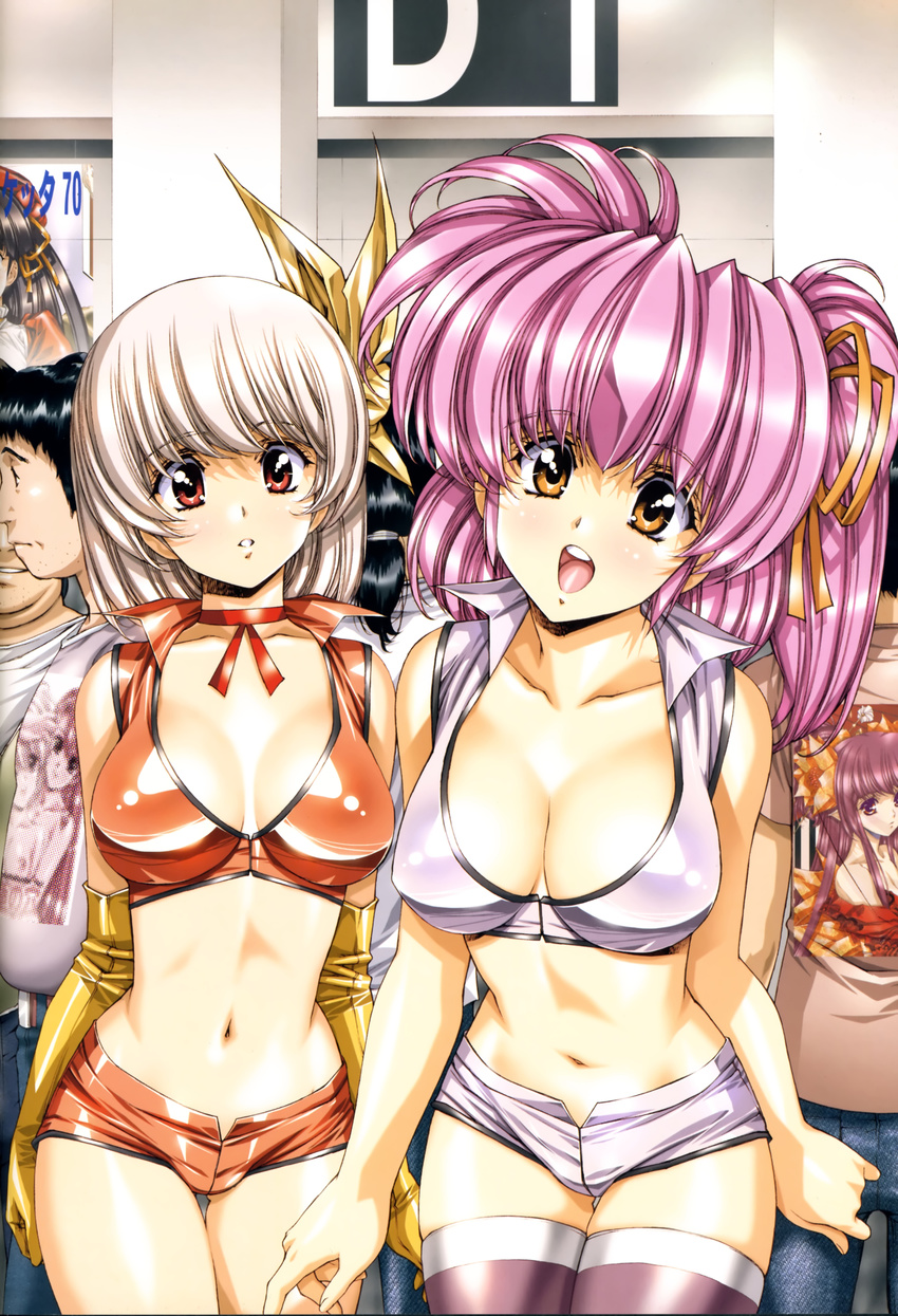 :d absurdres breasts choker cleavage collarbone copyright_request elbow_gloves gloves highres large_breasts multiple_girls navel open_mouth purple_hair red_eyes shiny shiny_clothes short_shorts shorts skindentation smile thigh_gap thighhighs urushihara_satoshi yellow_eyes