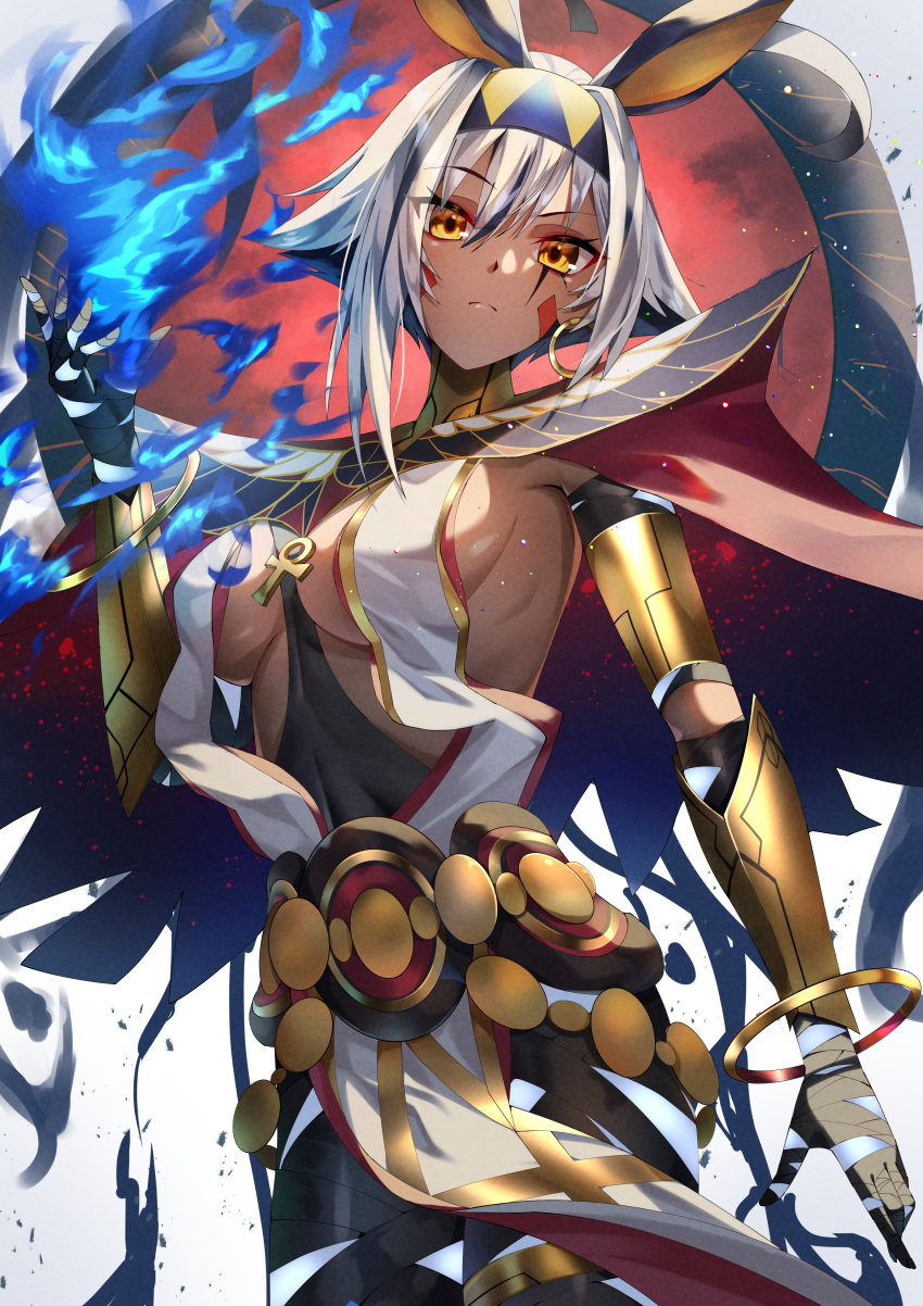 1girl absurdres animal_ears ankh antenna_hair armlet bandages bangs belly_chain black_bandages black_hair blue_fire bracelet bracer breasts cape center_opening colored_inner_hair dark-skinned_female dark_skin dress earrings facepaint facial_mark fate/grand_order fate_(series) fire glowing_skin gold_trim hairband highres hoop_earrings jackal_ears jewelry looking_at_viewer medium_breasts multicolored_hair nitocris_(fate) nitocris_alter_(fate) nitocris_alter_(second_ascension)_(fate) one_heart1201 pelvic_curtain red_cape short_hair sideboob sidelocks solo streaked_hair thighlet thighs usekh_collar white_dress white_hair yellow_eyes