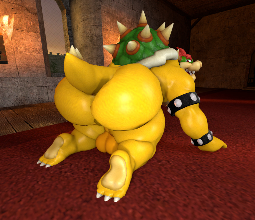 3d_(artwork) anthro anus balls big_butt bowser bracelet butt chubby_male collar digital_media_(artwork) dragon feet genitals hi_res huge_butt jewelry king kneeling koopa looking_at_viewer looking_back male mario_bros metal_collar nintendo overweight presenting presenting_hindquarters rear_view reptile royalty scalie slightly_chubby solo solo_focus solo_in_panel source_filmmaker tecbuttlovefa thick_thighs turtle video_games