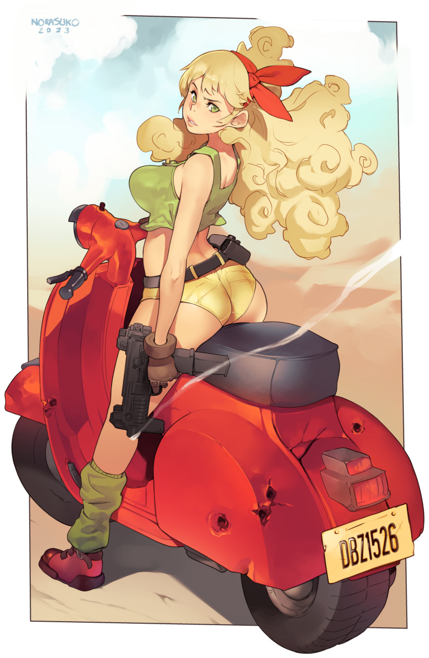 1girl 2023 absurdres arm_at_side artist_name ass bangs belt black_belt blonde_hair breasts brown_gloves cloud commentary crop_top curly_hair dragon_ball from_behind gloves green_eyes green_socks ground_vehicle gun hairband highres holding holding_gun holding_weapon large_breasts long_hair looking_at_viewer looking_back lunch_(dragon_ball) motor_vehicle motorcycle norasuko outdoors pouch red_footwear red_hairband shoes shorts smoke socks solo standing weapon