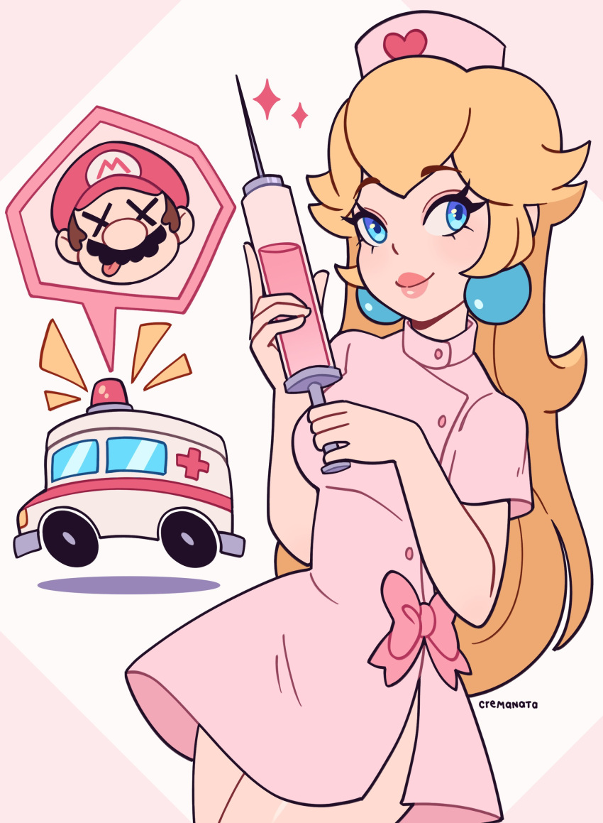 1boy 1girl absurdres ambulance blonde_hair blue_eyes cremanata dr._mario_(game) dress earrings hat highres holding holding_syringe jewelry large_syringe long_hair looking_at_viewer mario mario_(series) nurse_cap nurse_peach oversized_object pink_dress princess_peach simple_background speech_bubble syringe