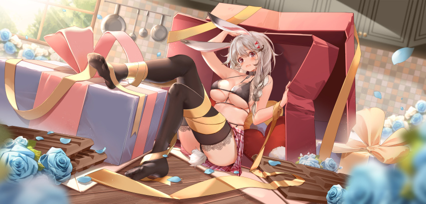 1girl animal_ears arm_ribbon bangs black_bra black_choker black_thighhighs blue_flower blue_rose blush box bra braid breasts character_request chocolate choker cleavage clouble commentary_request flower frying_pan gift gift_box grey_hair hair_between_eyes hair_ornament hairclip highres indoors large_breasts leg_ribbon lingerie long_hair no_shoes petals plaid plaid_skirt rabbit_ears rabbit_girl rabbit_tail red:_pride_of_eden ribbon rose rose_petals side_braid skirt solo surprised tail thighhighs tile_wall tiles underboob underwear white_flower white_rose window yellow_ribbon
