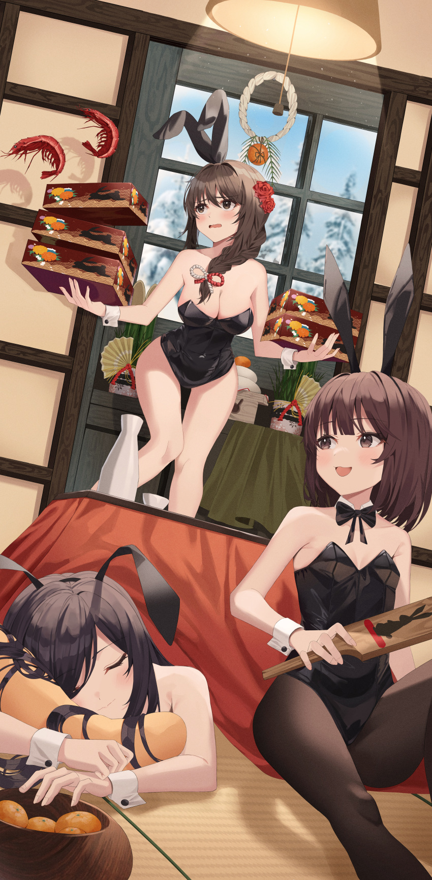 3girls absurdres animal_ears bangs bare_shoulders black_bow black_bowtie black_eyes black_hair black_leotard black_pantyhose blush bow bowtie breasts brown_hair cleavage closed_eyes closed_mouth commentary covered_navel detached_collar facing_viewer fake_animal_ears flower food fruit hair_flower hair_ornament highres holding holding_paddle indoors k.j. knee_up kotatsu large_breasts leaning_forward leotard long_hair looking_at_another low-tied_long_hair mandarin_orange medium_hair multiple_girls object_hug open_mouth original paddle pantyhose pillow pillow_hug playboy_bunny rabbit_ears red_flower shrimp sitting sleeping small_breasts smile snow standing strapless strapless_leotard symbol-only_commentary table under_kotatsu under_table wrist_cuffs