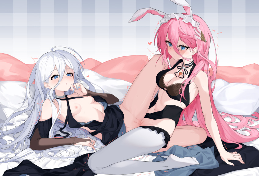 2girls animal_ears arm_support bangs bed black_bra black_underwear blue_eyes blue_nails bottomless bow bra choker cleft_of_venus clothes_removed detached_sleeves fake_animal_ears hair_between_eyes hair_ornament headband heart highres indie_virtual_youtuber jewelry kiritsuki_yume lace-trimmed_bra lace_trim leaning_back lingerie long_hair midriff motion_lines multiple_girls navel necklace neckwear_request original pillow pink_hair pink_nails pussy rabbit_ears ribbon-trimmed_legwear ribbon-trimmed_thighhighs ribbon_trim sakurada_hane sex skull_necklace thighhighs tribadism underwear untied very_long_hair white_hair white_headband wing_hair_ornament yume_(454565427) yuri
