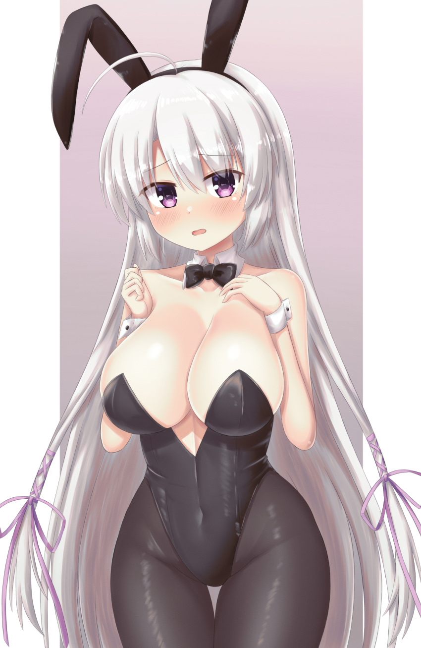 1girl ahoge animal_ears ayachi_nene bangs black_bow black_bowtie black_leotard black_pantyhose blush bow bowtie breast_hold breasts cleavage collar collarbone commentary covered_navel embarrassed fake_animal_ears full-face_blush furrowed_brow groin hair_between_eyes hair_ribbon hands_up head_tilt highres huge_breasts leotard long_hair looking_at_viewer midriff open_mouth pantyhose playboy_bunny purple_eyes purple_ribbon rabbit_ears ribbon sanoba_witch shiny_clothes shiny_skin sidelocks solo standing thigh_gap thighs two-tone_background very_long_hair white_background white_collar white_wrist_cuffs yuunagi_(yunagi1373) yuzu-soft