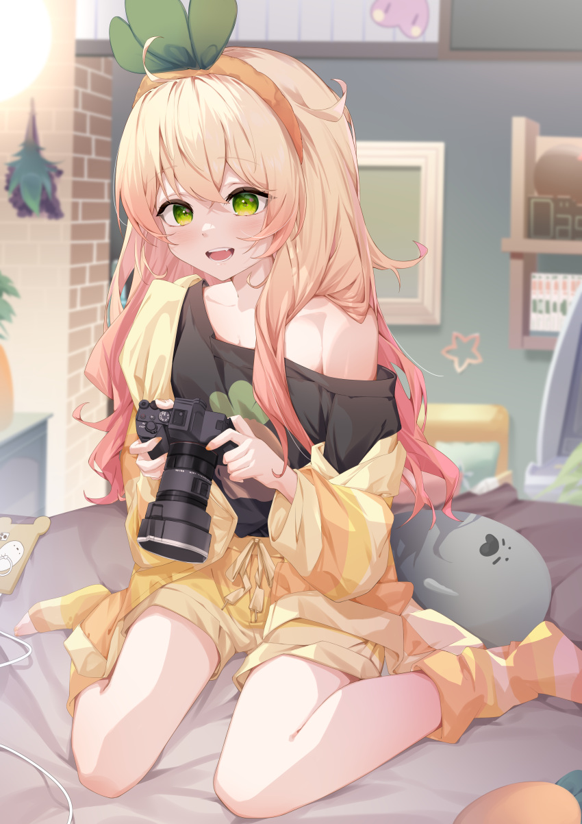 1girl absurdres bedroom black_shirt blonde_hair camera commentary gradient_hair green_eyes hairband highres holding holding_camera hololive indoors jacket long_hair looking_at_object loose_socks loungewear messy_hair momosuzu_nene multicolored_hair nekko_(momosuzu_nene) off_shoulder official_alternate_costume open_clothes open_jacket orange_hairband orange_jacket pink_hair pola_(1021) shirt shorts single_bare_shoulder sitting socks striped striped_jacket t-shirt virtual_youtuber waking_up wariza yellow_jacket yellow_shorts