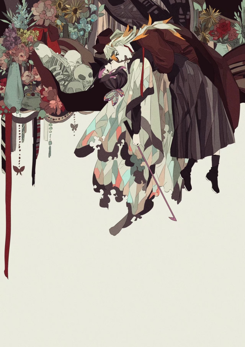 1boy 1girl adapted_costume ankle_boots bite_mark black_footwear black_hair black_shirt blonde_hair blood blood_from_mouth blue_flower boots butterfly_hair_ornament butterfly_ornament butterfly_wings coat colored_tips corpse death douma_(kimetsu_no_yaiba) felixnosal floating flower forked_eyebrows from_side grey_skirt hair_between_eyes hair_ornament hat highres holding holding_sword holding_weapon kimetsu_no_yaiba kochou_shinobu light_brown_hair long_hair long_skirt long_sleeves looking_at_another looking_away morning_glory multicolored_hair open_mouth parted_lips pleated_skirt print_hair profile purple_flower purple_hair red_coat red_flower red_headwear shirt skeleton skirt skull spoilers streaked_hair sunflower sword torn_clothes torn_sleeves torn_wings unsheathed updo vampire vase weapon white_background wide_sleeves wings yellow_flower