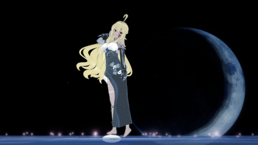 1girl 3d ahoge alternate_costume alternate_eye_color alternate_skin_color bare_shoulders barefoot black_background blonde_hair body_writing breasts commentary_request corruption crescent crescent_moon dark_persona dark_skin dragalia_lost elbow_gloves gloves highres junazura koikatsu_(medium) long_hair looking_at_viewer looking_to_the_side midriff moon morsayati multicolored_hair night outdoors possessed red_eyes ribbon sky smile standing tattoo zethia