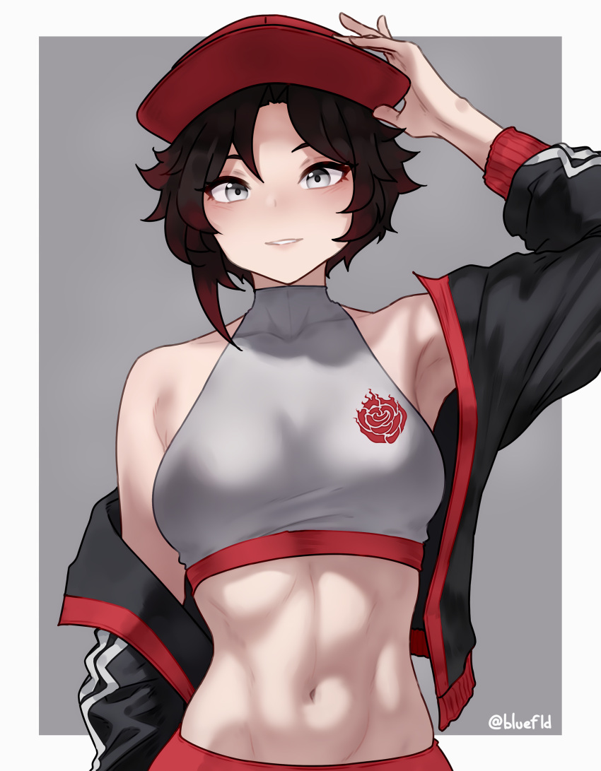 1girl abs absurdres bare_shoulders beret black_hair bluefield blush breasts grey_eyes grin hat highres jacket looking_at_viewer midriff navel off_shoulder ruby_rose rwby short_hair smile solo