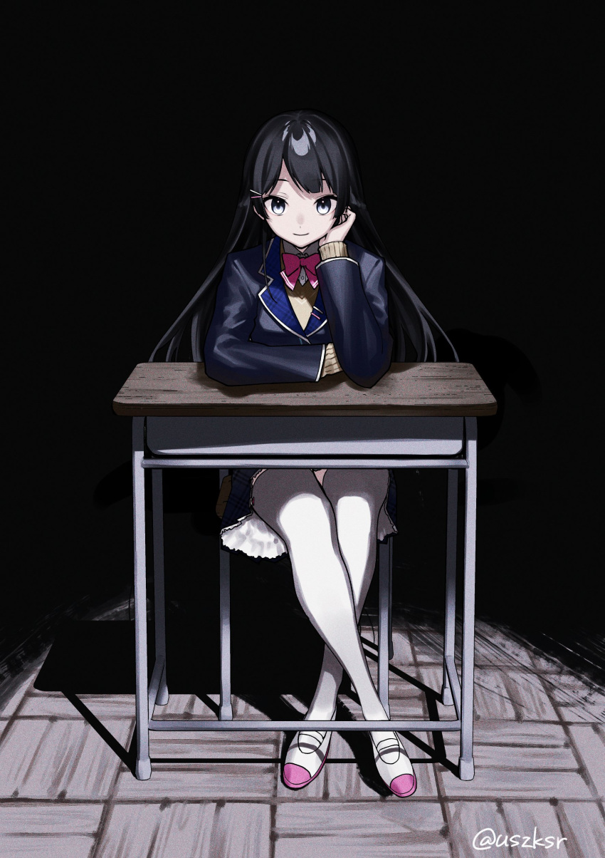 1girl absurdres bangs black_eyes black_hair black_jacket blazer blunt_bangs bow bowtie brown_cardigan cardigan chair closed_mouth collared_shirt crossed_legs dark_background desk frilled_skirt frills hair_ornament hairclip hand_on_own_cheek hand_on_own_face hand_up head_rest highres hime_cut jacket long_hair looking_at_viewer nijisanji pink_bow pink_bowtie school_chair school_desk school_uniform shadow shirt shoes sitting skirt smile solo thighhighs tsukino_mito twitter_username usasaki_shiro uwabaki white_shirt white_thighhighs wooden_floor