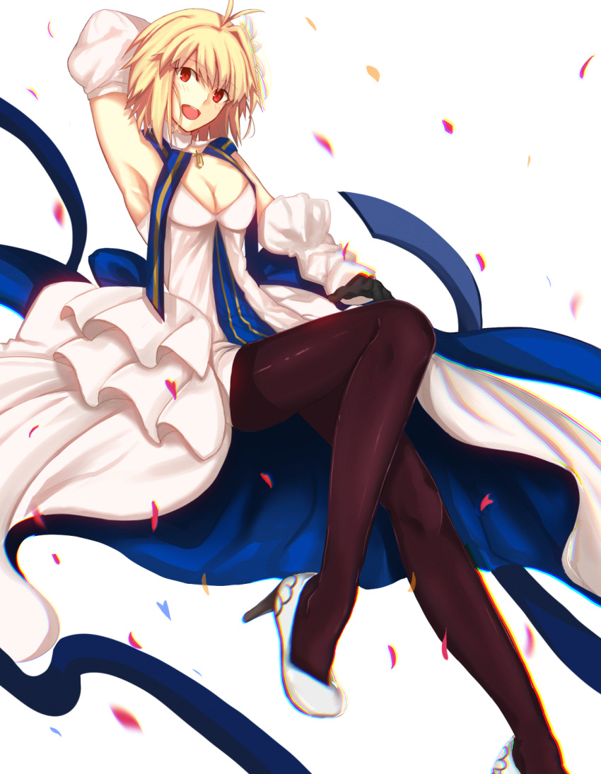 1girl ahoge arcueid_brunestud armpits arms_behind_back bare_shoulders black_pantyhose blonde_hair blush breasts cleavage commentary_request detached_sleeves dress dutch_angle fate/grand_order fate_(series) gloves high_heels highres iro_(sekaixiro) looking_at_viewer medium_breasts open_mouth pantyhose petals short_hair smile solo tsukihime type-moon white_background white_footwear